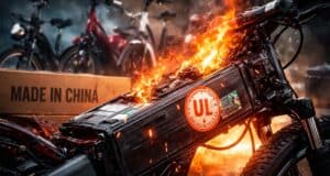 Amazon destapa el fraude: bicicletas eléctricas chinas con certificados de seguridad falsos Batería de coche eléctrico en llamas tras un corto circuito, peligro y riesgo en vehículos eléctricos.