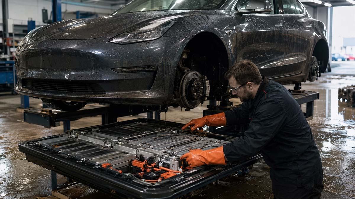 Un mecánico de desguace revisa un Tesla inundado y el veredicto es claro: «la batería está impecable»